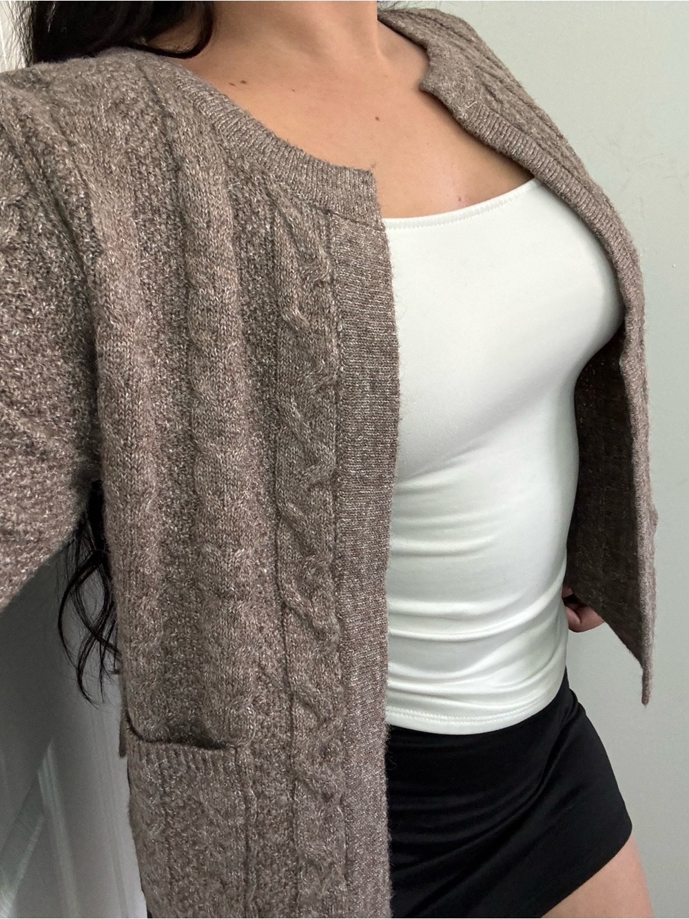 Taupe-Brown Cable Knit Open Cardigan